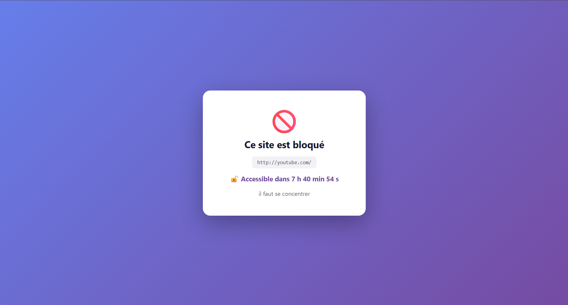 Page de blocage avec compte à rebours