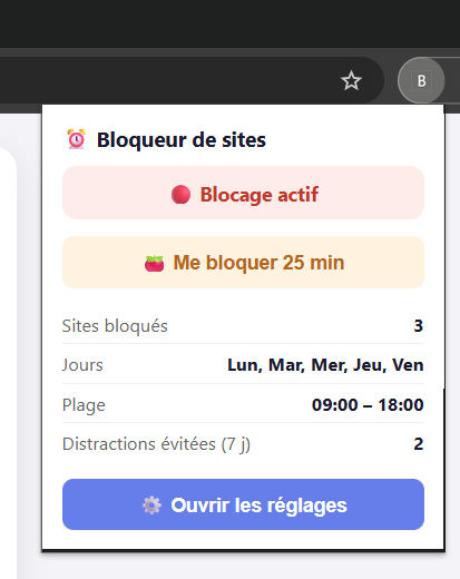 Popup d’état du Bloqueur de sites