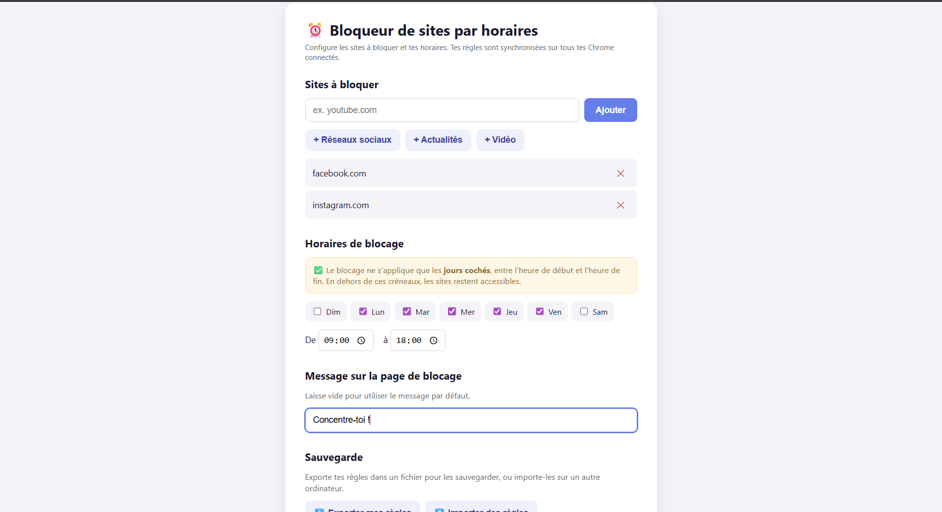 Réglages du Bloqueur de sites par horaires